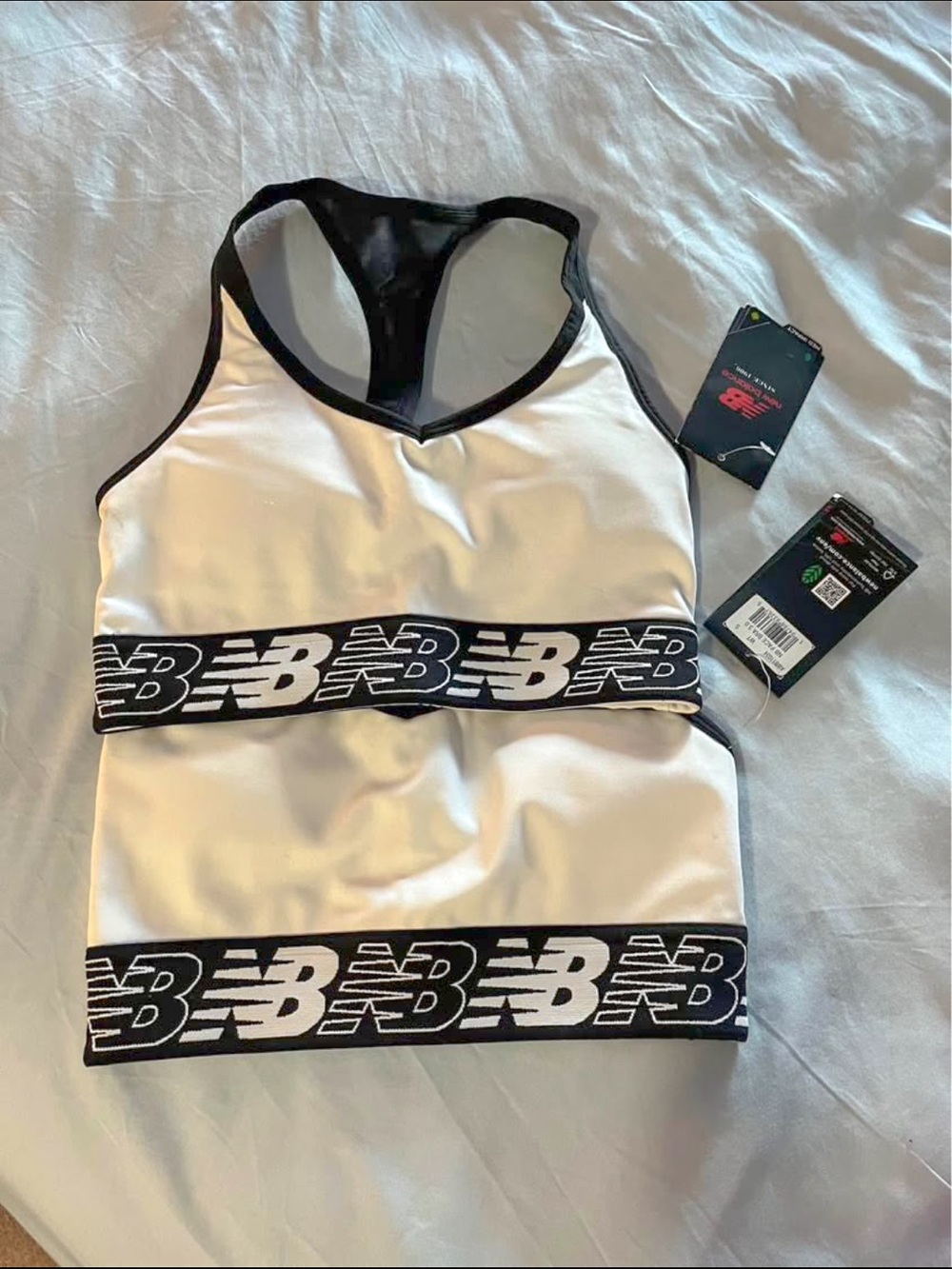 New Balance White Sports Bra Tank with Black Branded Bands